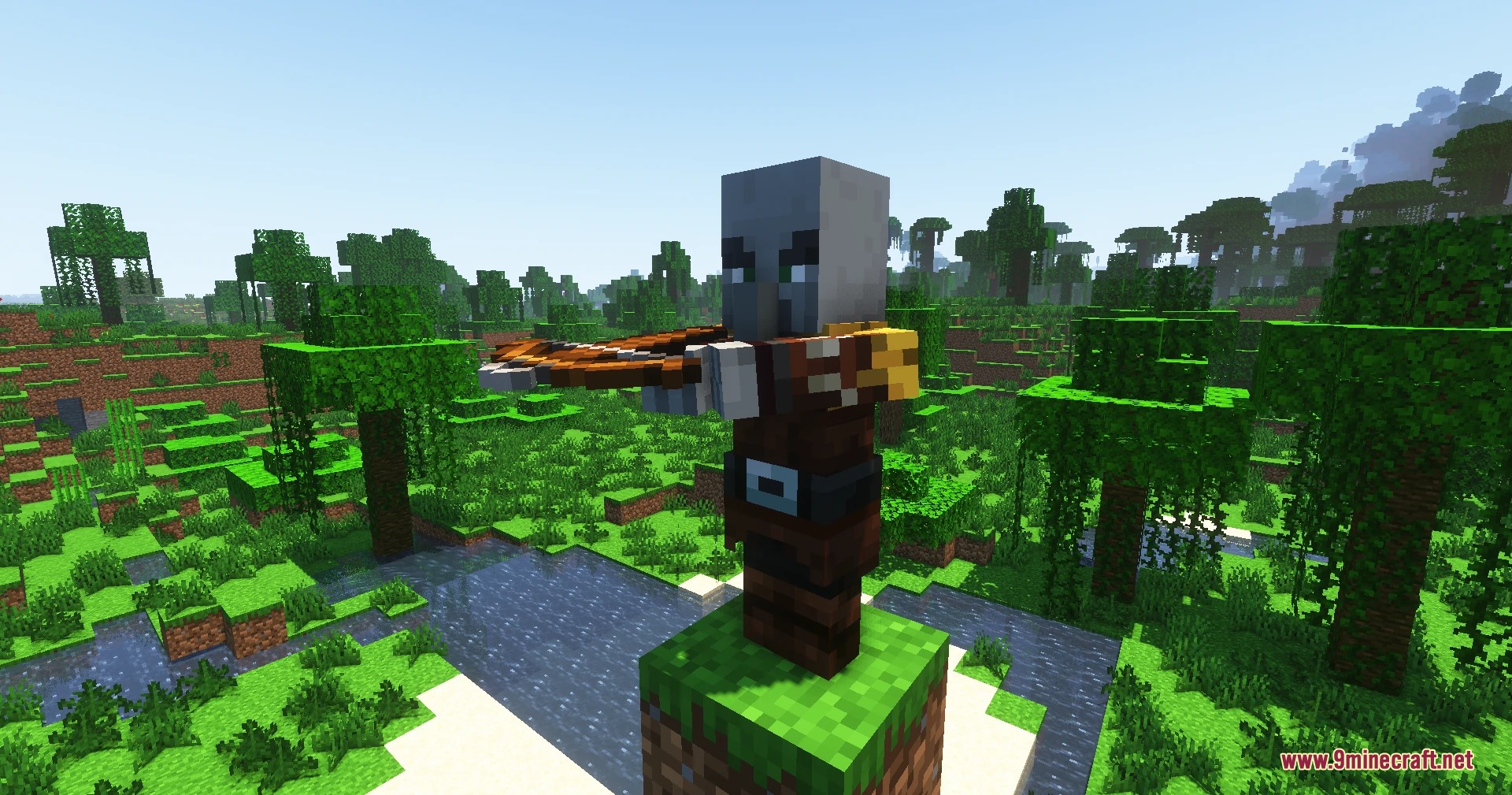 Pillagers Plus Mod Screenshot 2 A pillager in jungle attire aiming a crossbow from a high pillar