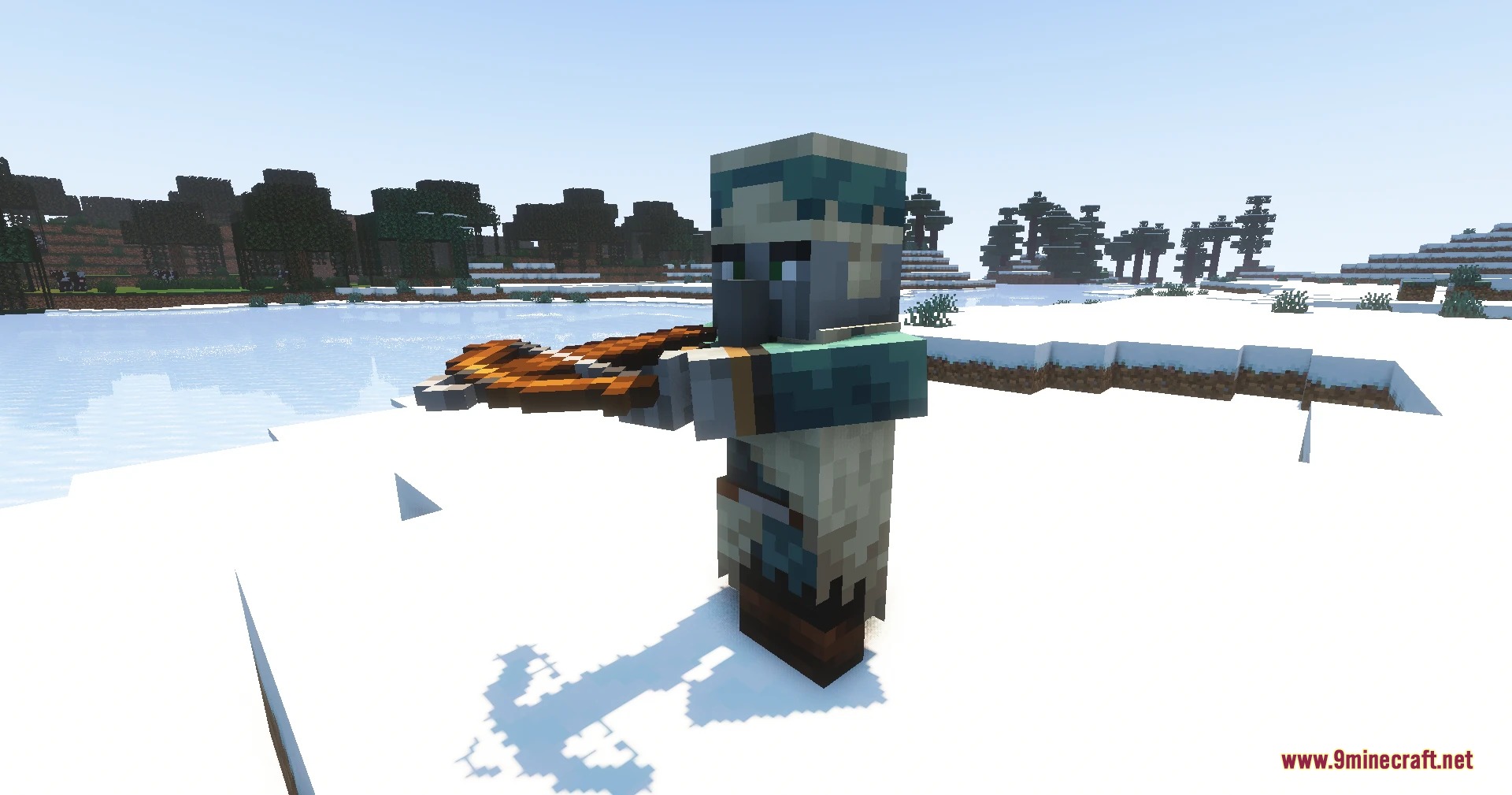 Pillagers Plus Mod Screenshot 3 A pillager from Pillagers Plus Mod aims a crossbow in a snowy biome