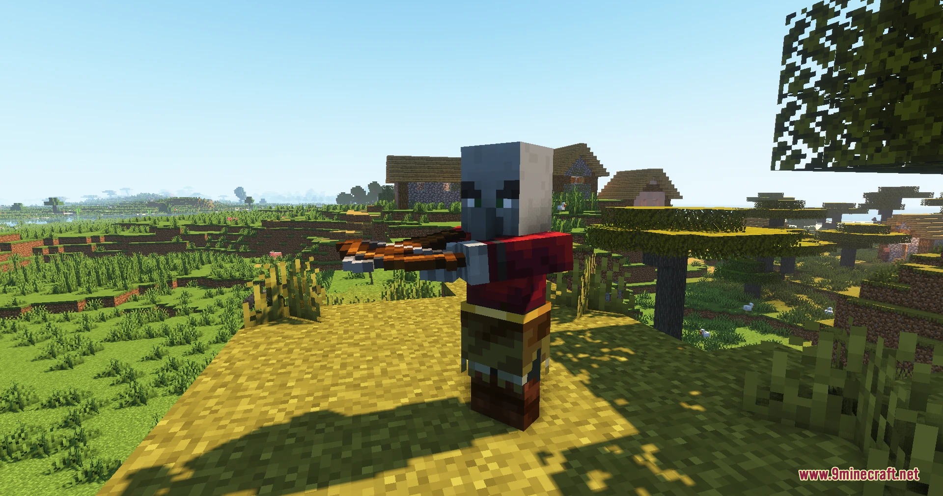 Pillagers Plus Mod Screenshot 5 A pillager variant wearing red clothes holds a crossbow in a savanna biome