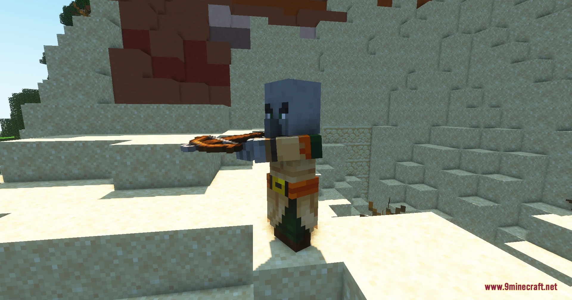Pillagers Plus Mod Screenshot 6 A desert pillager variant wearing tan clothes holds a crossbow in the desert