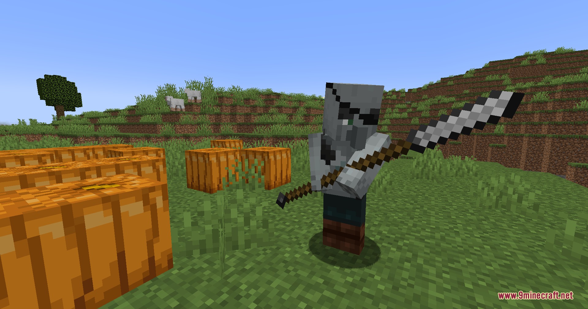 A Spear User Pillager from Pillagers Plus stands near orange pumpkins