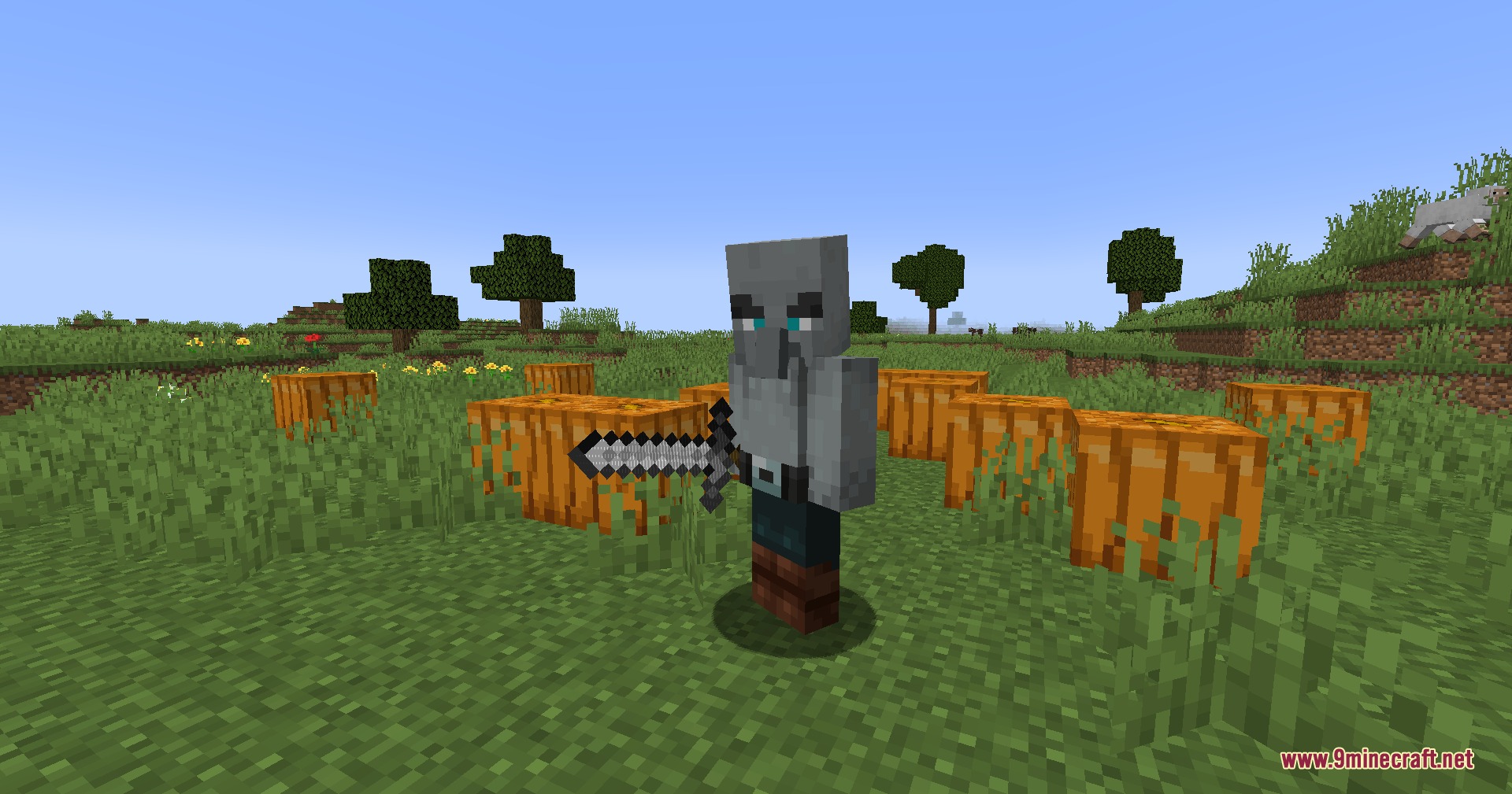 A sword user pillager stands in a grassy field with pumpkins