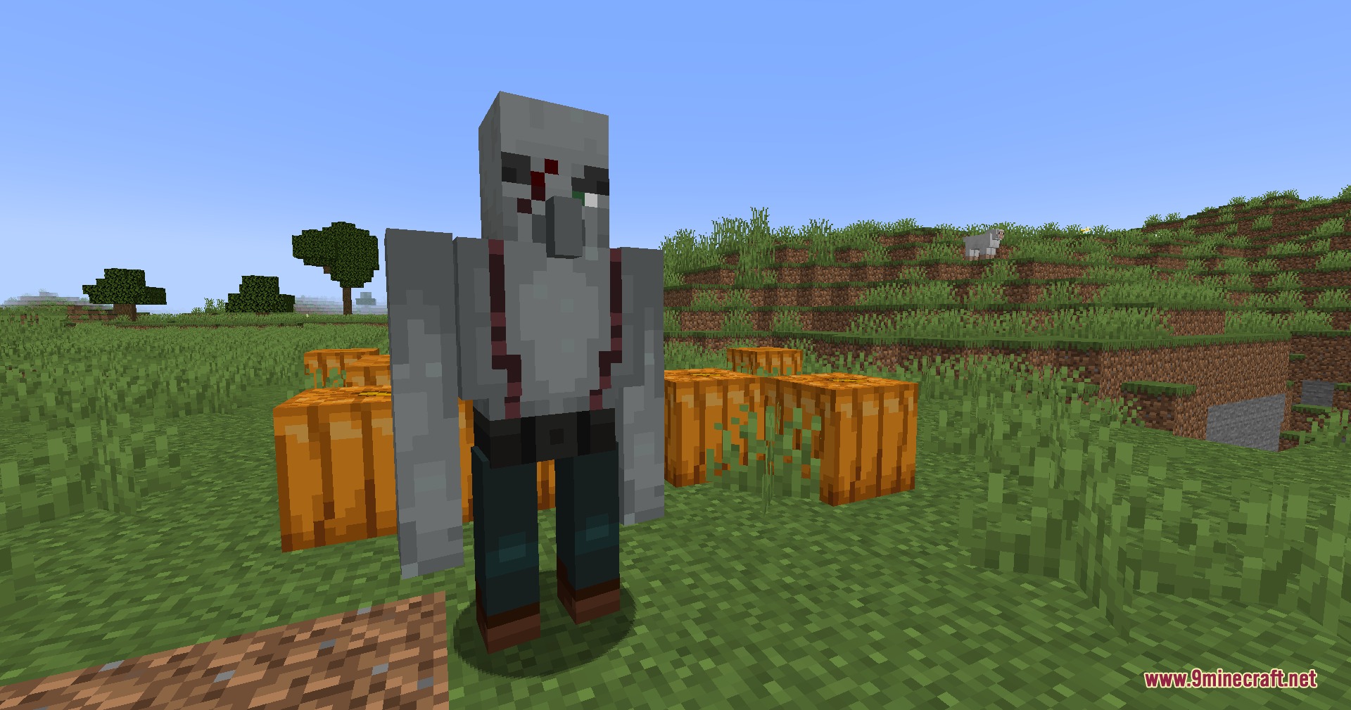 A large muscular illager mob with suspenders stands near pumpkins in a field