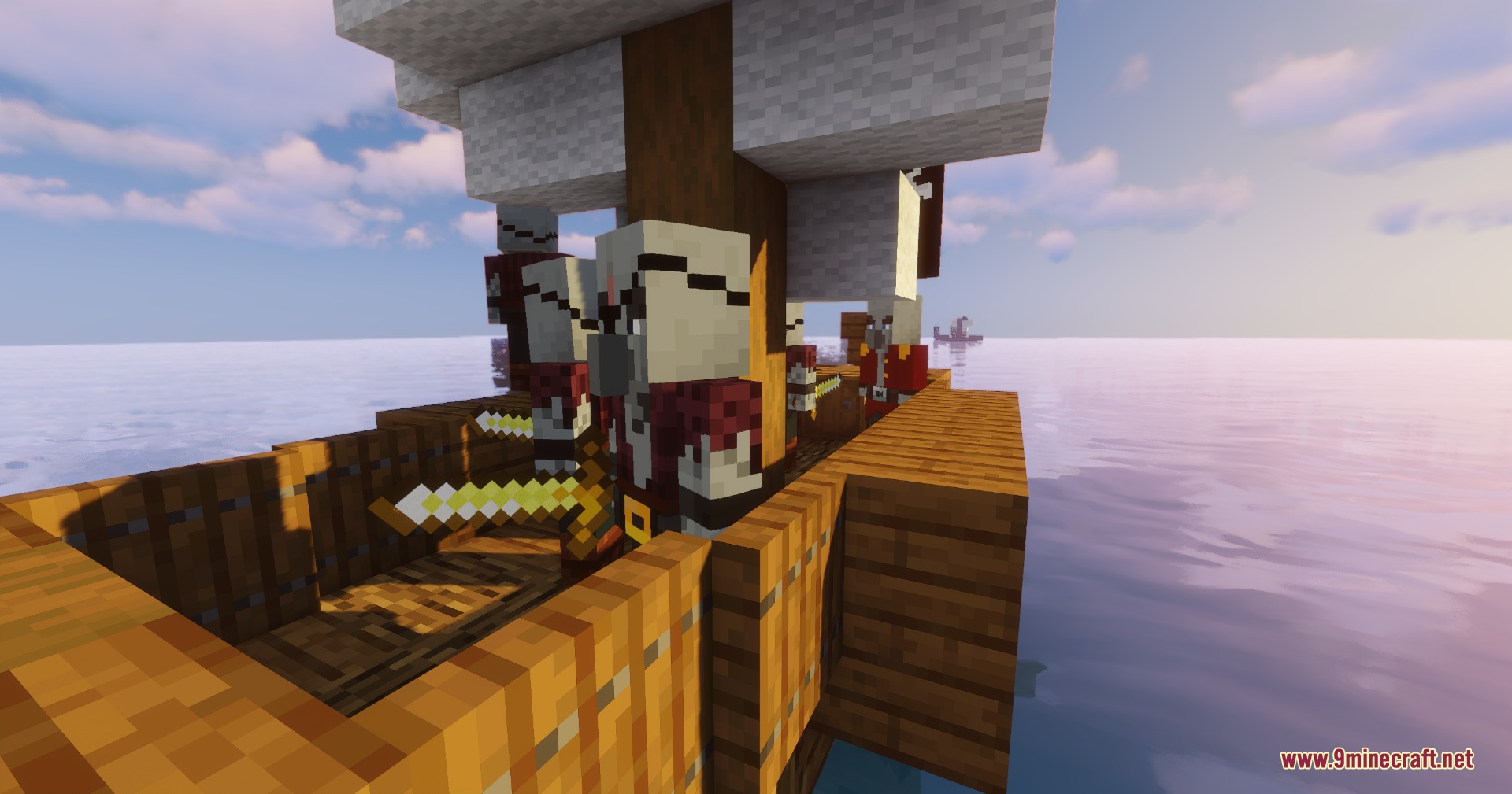 Pirate Pillagers sailing on a wooden ship across the ocean with golden swords
