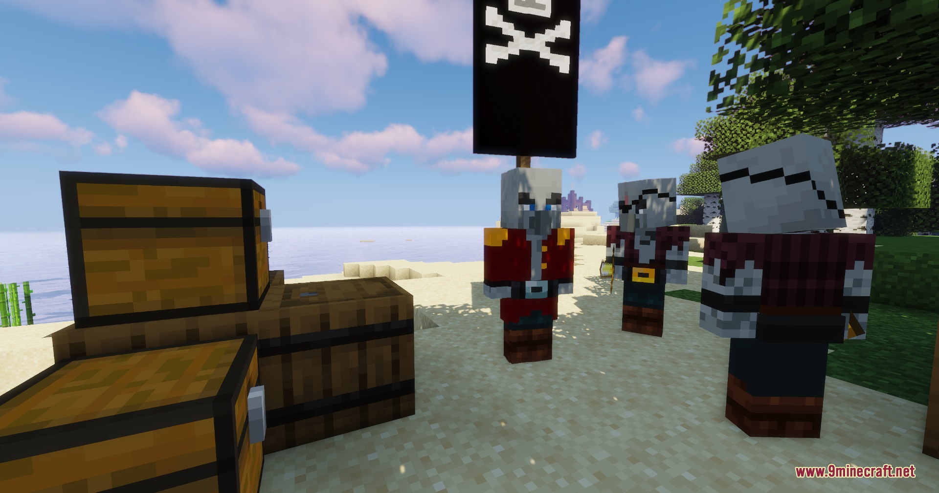 Pillager captain and pirates standing near treasure chests on a sandy beach