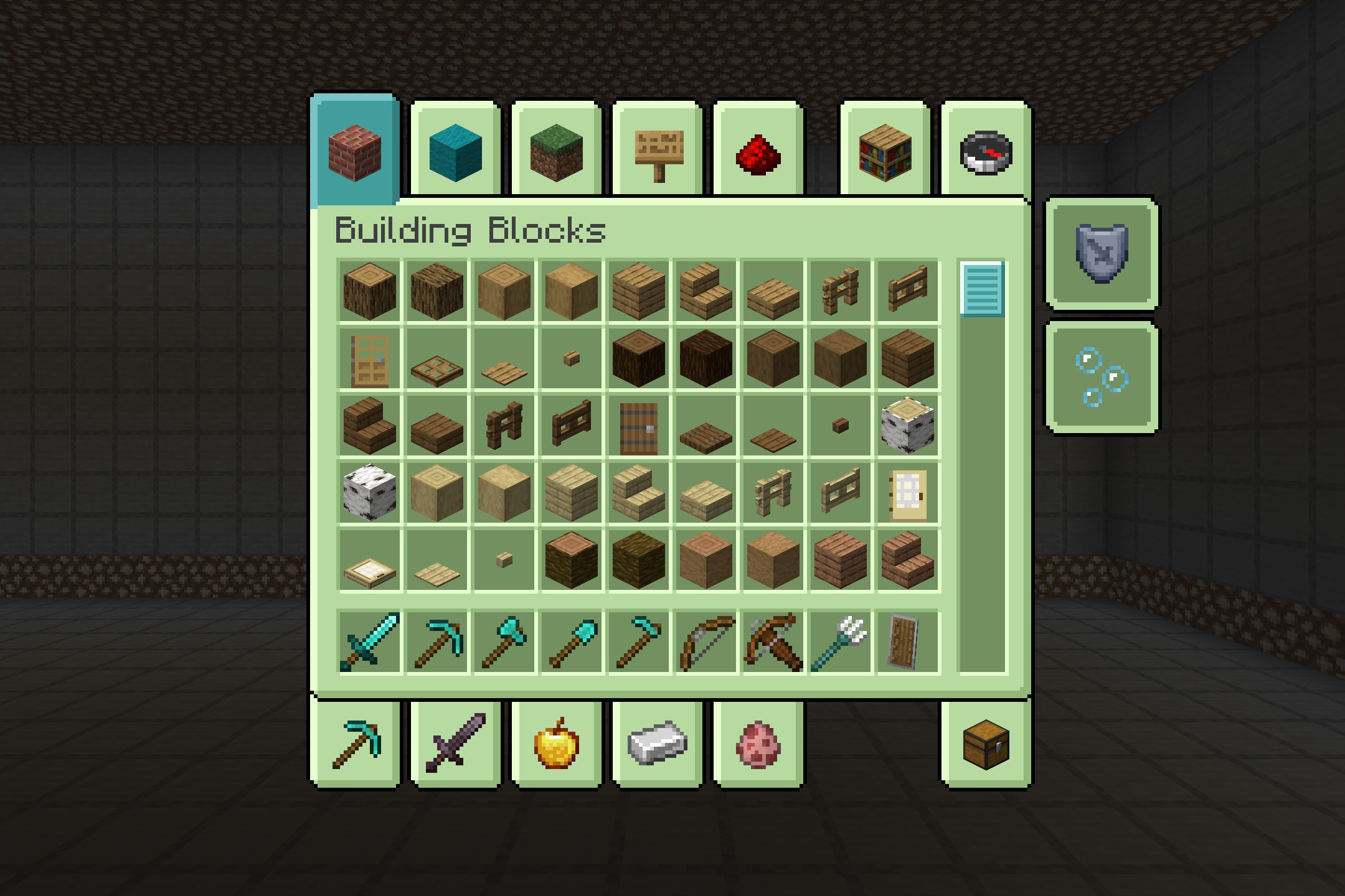 Creative inventory screen showing building blocks with a soft green interface theme