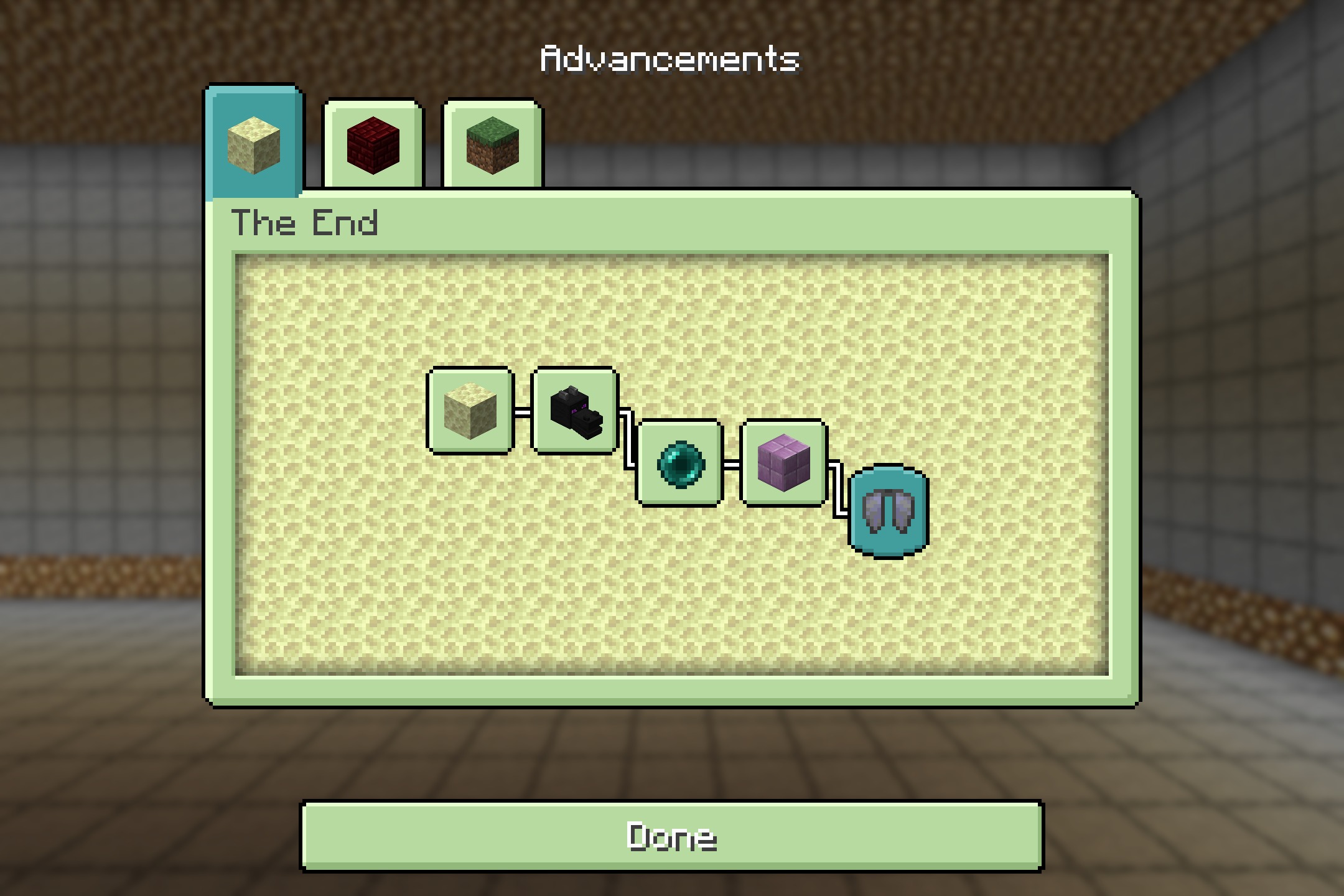 Advancements screen showing the end dimension progress with a soft green background