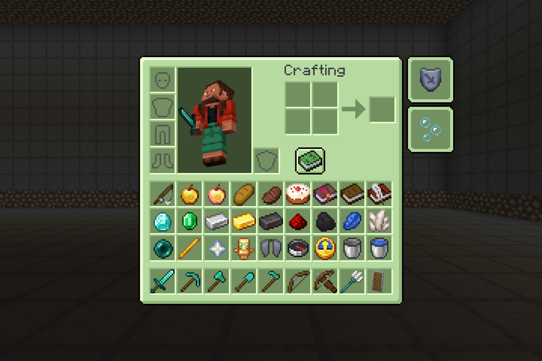 A Minecraft inventory screen featuring a soft pastel green user interface theme