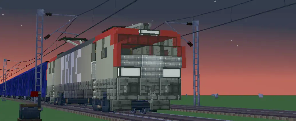 Pkp Cargo EU 46 Siemens Vectron Schematic Screenshots 1 A detailed PKP Cargo locomotive pulling blue freight wagons at sunset