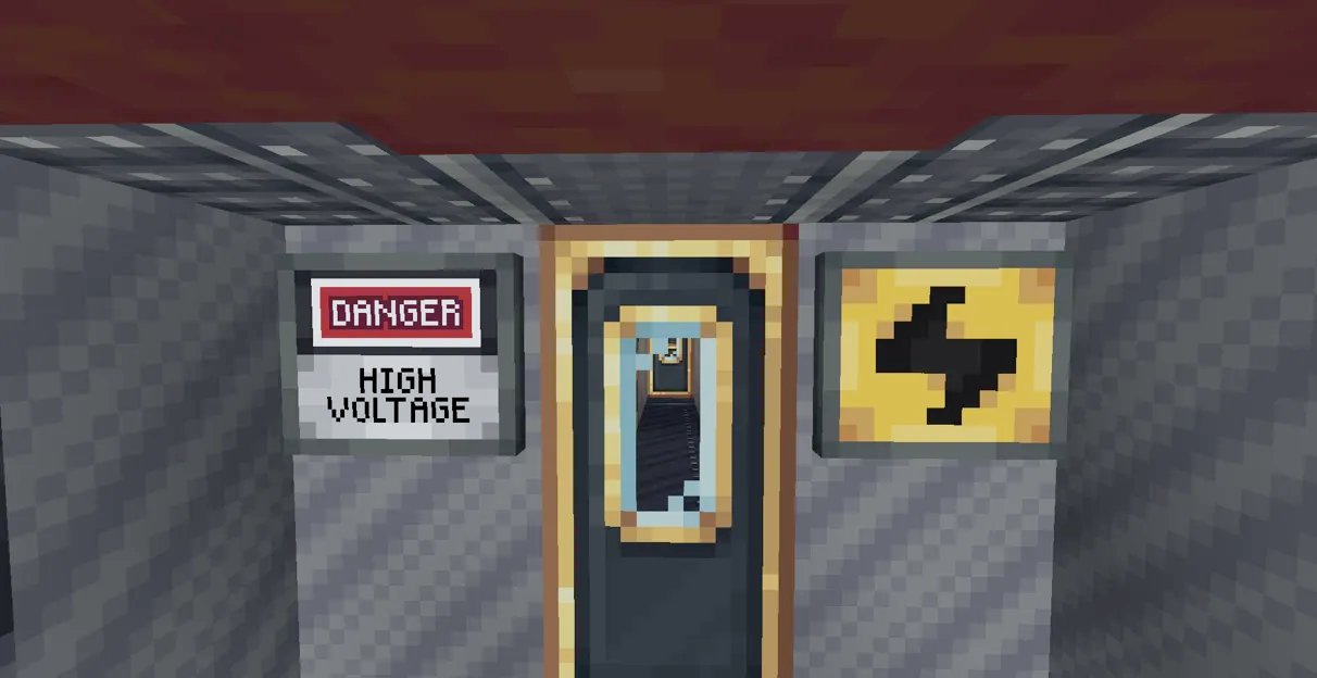 Interior view of a train with high voltage warning signs on the wall