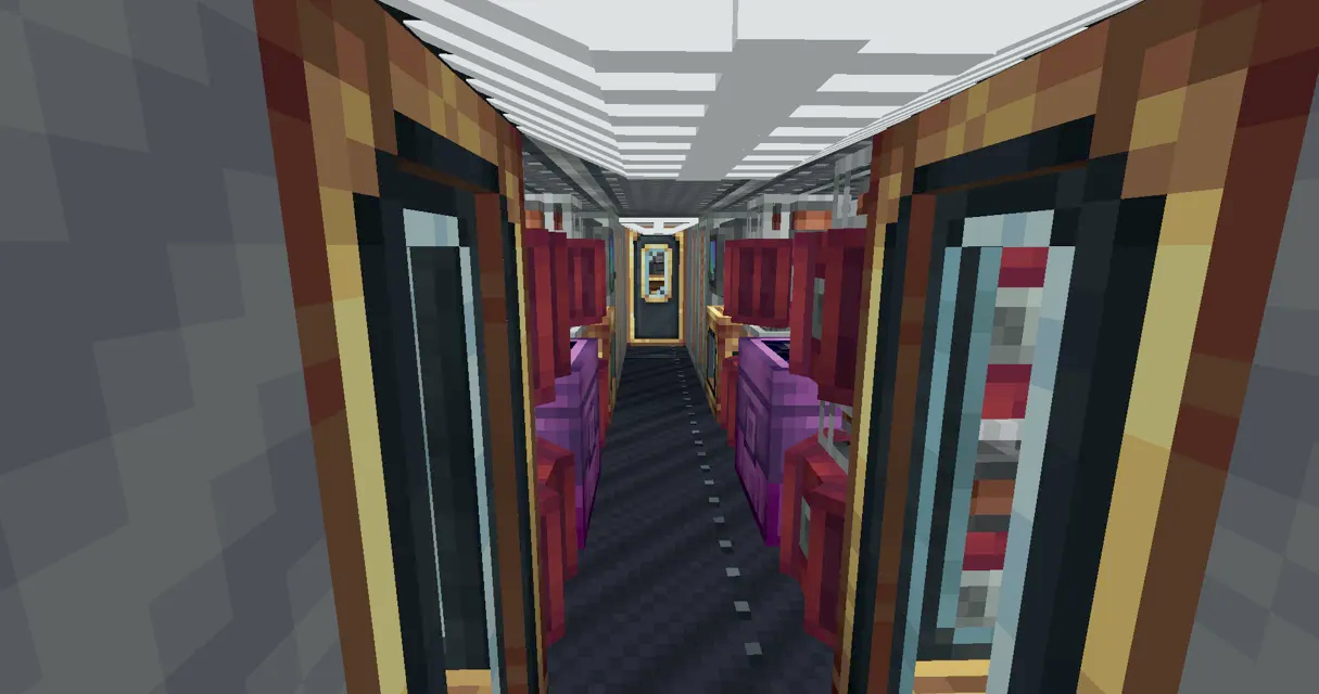 A narrow train corridor featuring purple and red blocks on both sides