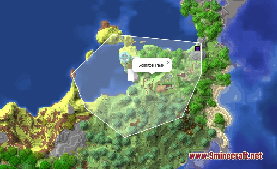 Pl3x Markers Mod Screenshot 1 Web map interface showing a custom marked region named Schnitzel Peak in Minecraft