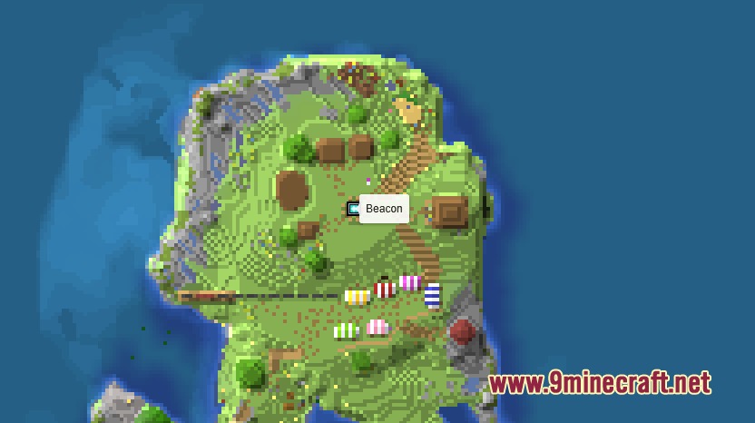 Pl3x Markers Mod Screenshot 2 Overhead map view showing an active beacon marker on a small grassy island