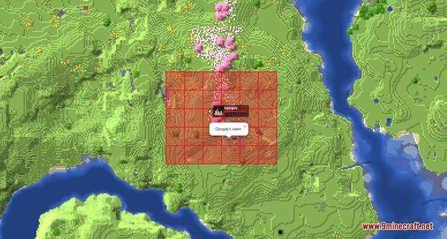 Pl3x Markers Mod Screenshot 3 Minecraft web map showing a red grid over a player claimed territory