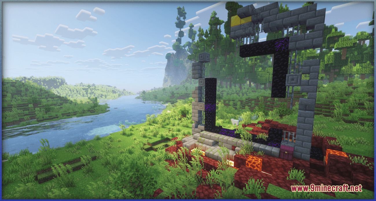 A ruined Nether portal with plants growing on stone bricks and netherrack