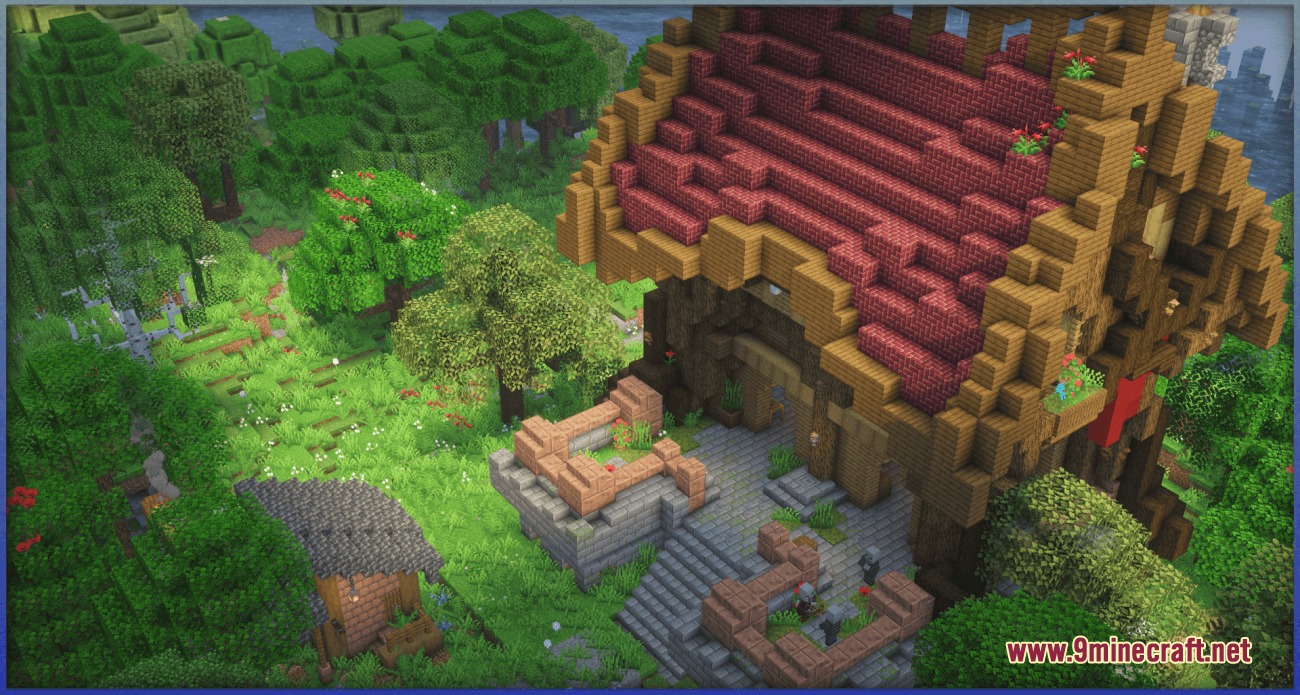 A large wooden house with a red roof nestled in a lush forest