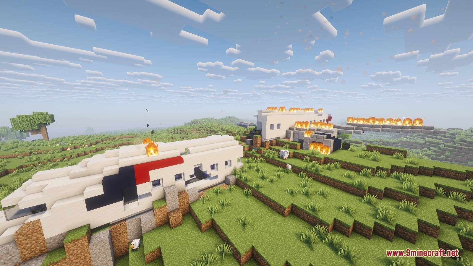Plane Crash Early Game Mod Screenshot 2 Burning wreckage of a destroyed airplane scattered across a hilly Minecraft landscape