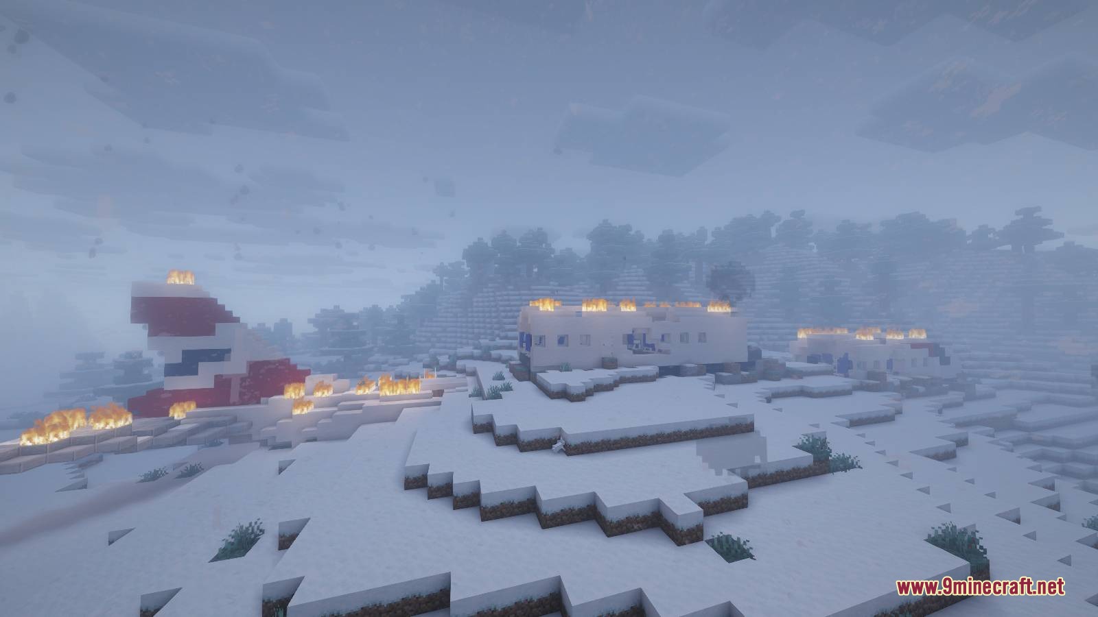 Plane Crash Early Game Mod Screenshot 3 Burning airplane wreckage scattered across a snowy biome in a Minecraft world