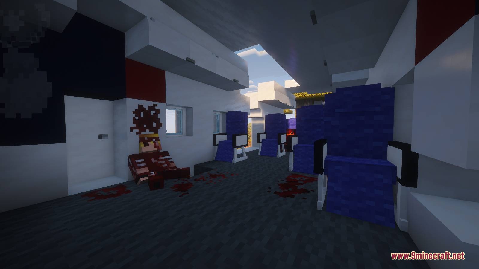 Plane Crash Early Game Mod Screenshot 4 Inside a destroyed airplane cabin with blue seats and blood splatters in Minecraft