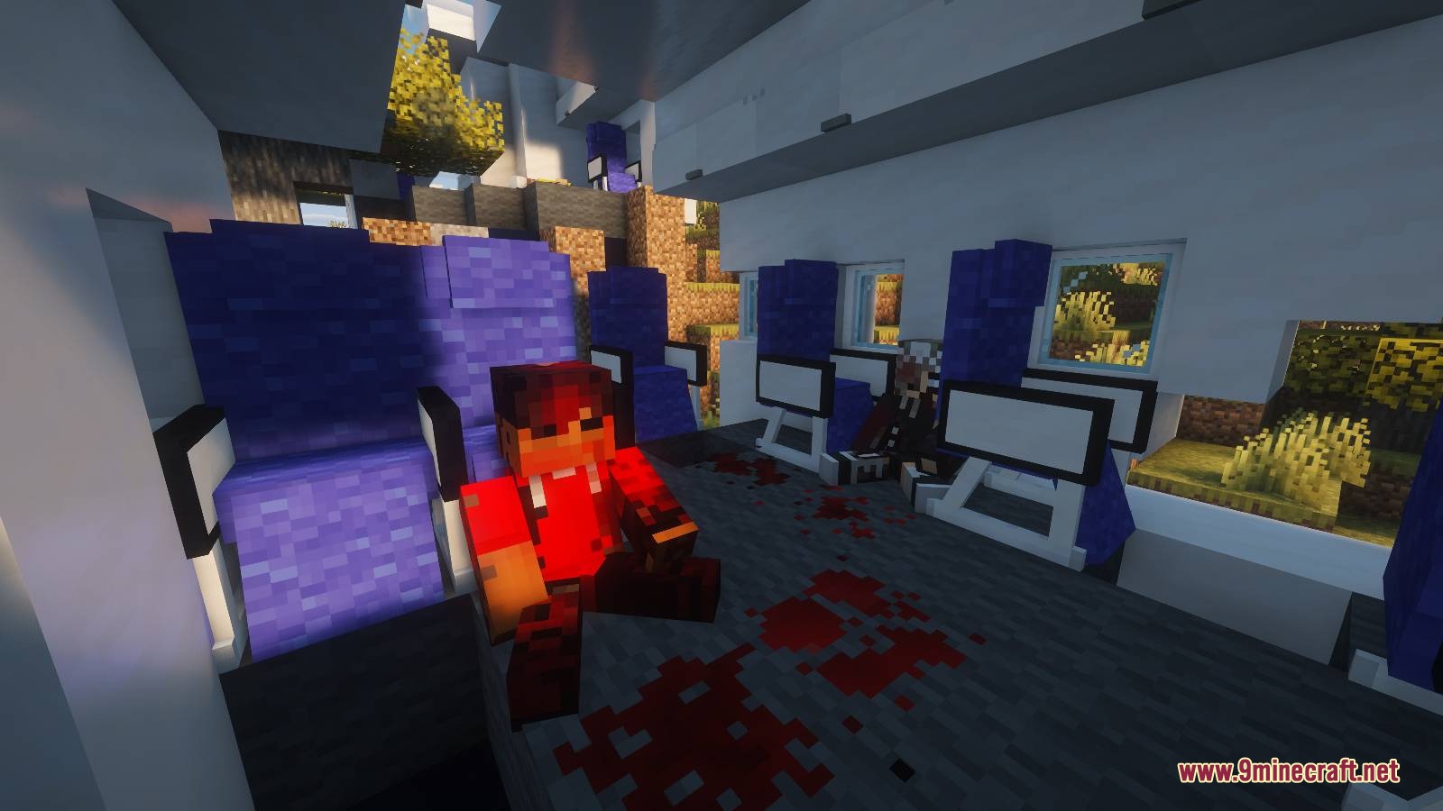 Plane Crash Early Game Mod Screenshot 5 A survivor sitting on the floor of a destroyed airplane cabin with blood splatters