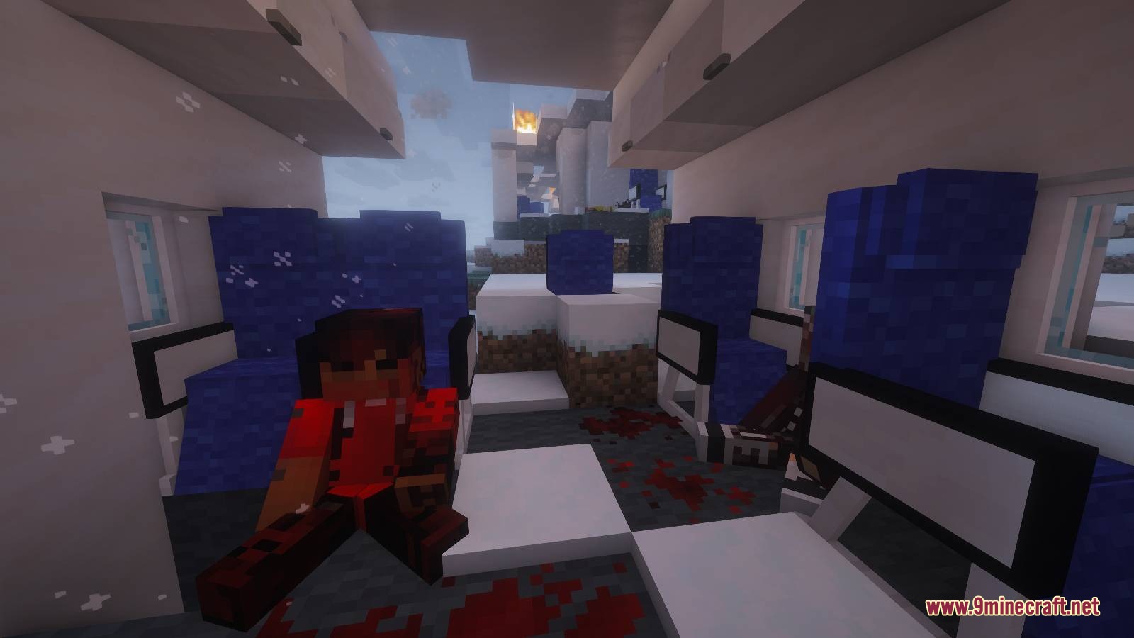 Plane Crash Early Game Mod Screenshot 6 A survivor sitting inside a snowy airplane wreckage with blood stains on the floor