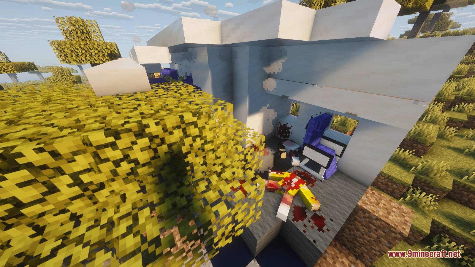 Plane Crash Early Game Mod Screenshot 7 A destroyed airplane fuselage with a fallen survivor and blood on the floor