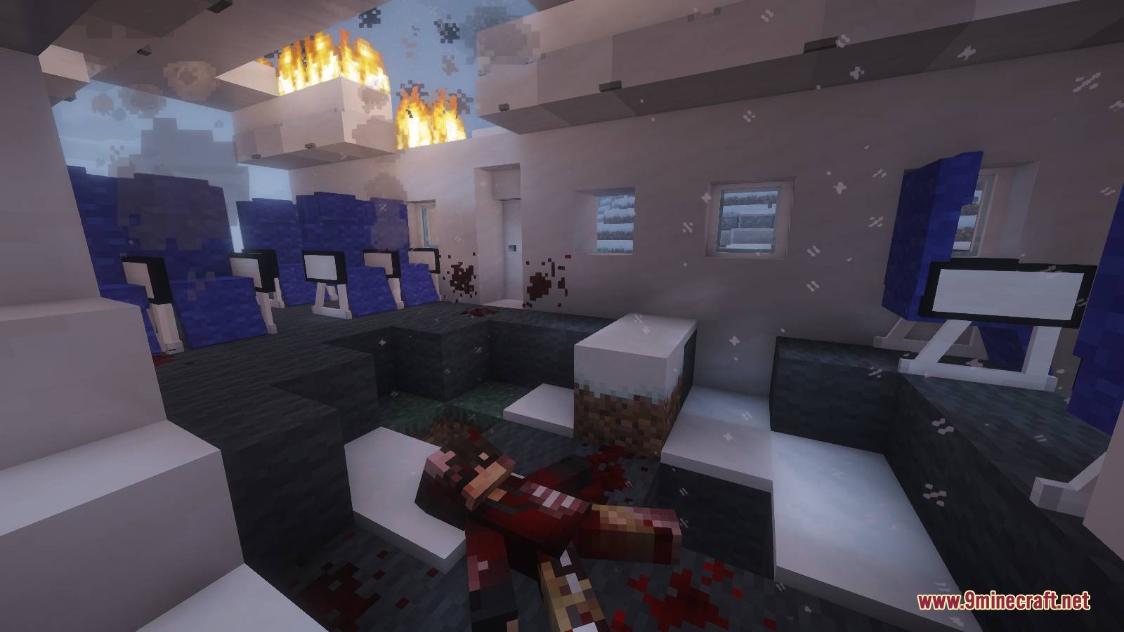 Plane Crash Early Game Mod Screenshot 8 Interior of a burning crashed airplane with blue seats and blood splatters