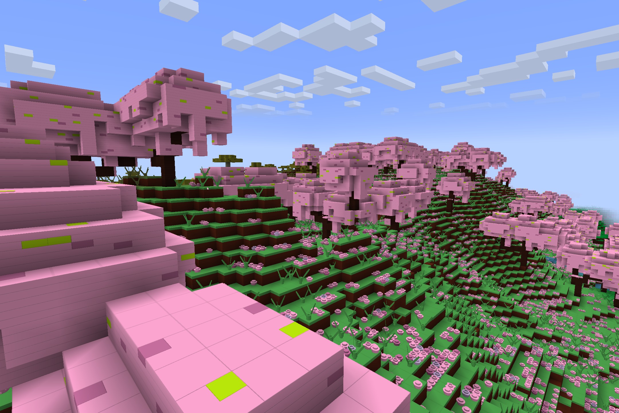 Plasticraft by Inferno31415 Resource Pack Screenshot 1 Cherry blossom forest with pink plastic trees and vibrant green grass blocks