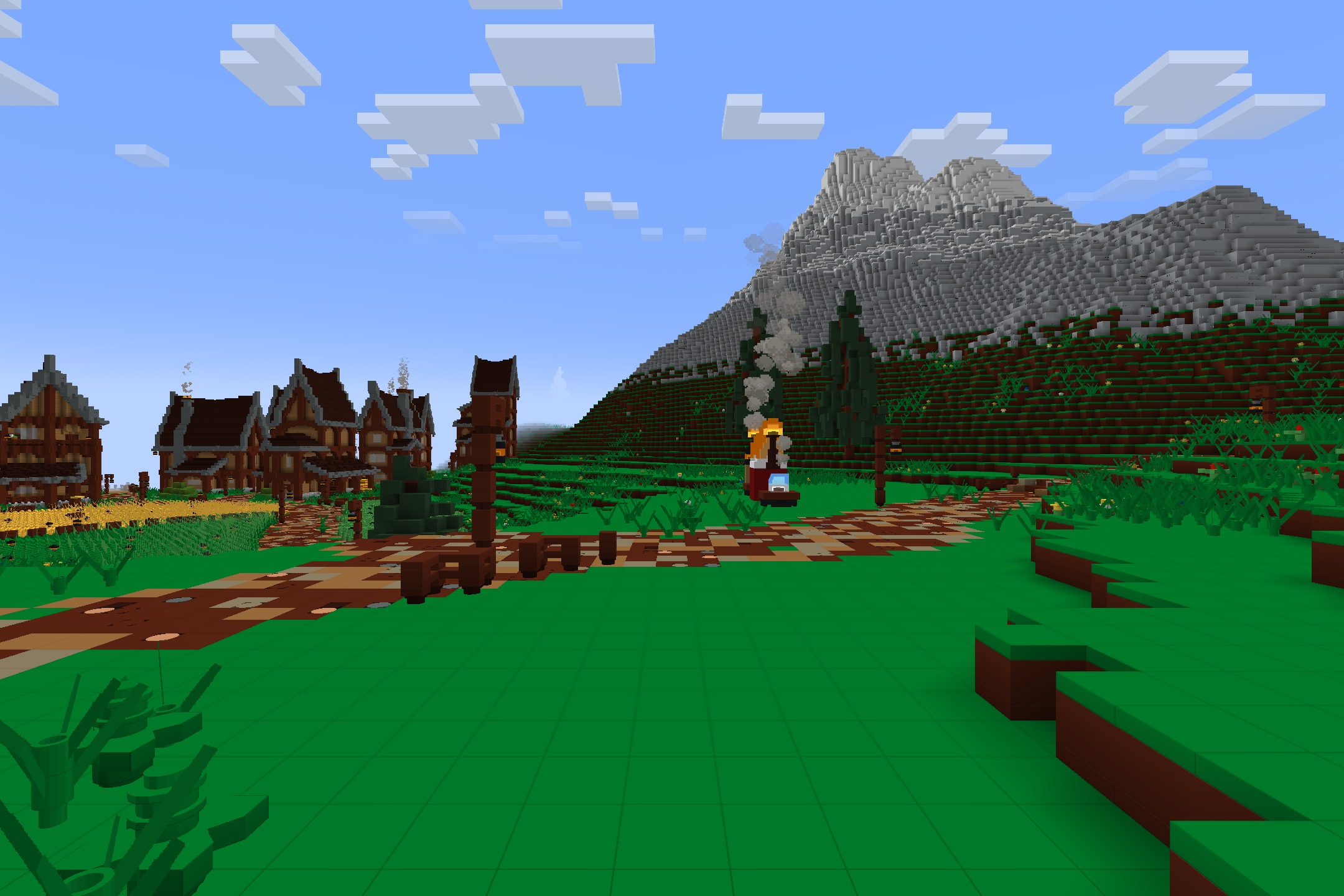 Plasticraft by Inferno31415 Resource Pack Screenshot 2 Village houses and a large mountain made of plastic toy building blocks