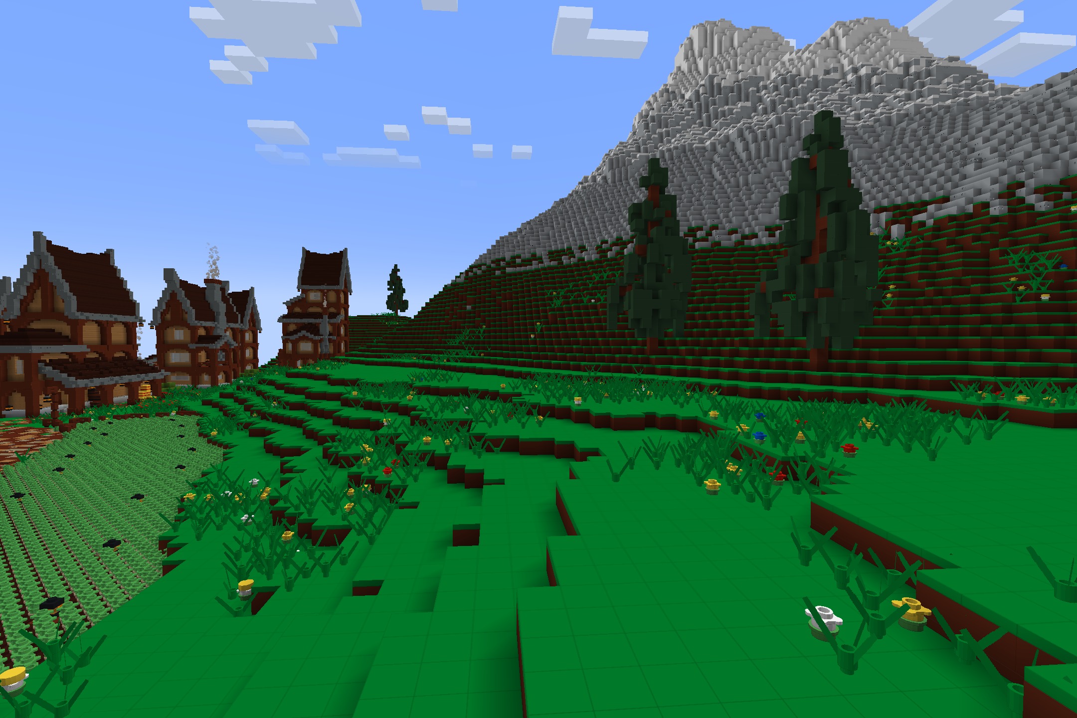 Plasticraft by Inferno31415 Resource Pack Screenshot 4 Scenic landscape featuring plastic grass and a large mountain made of toy bricks