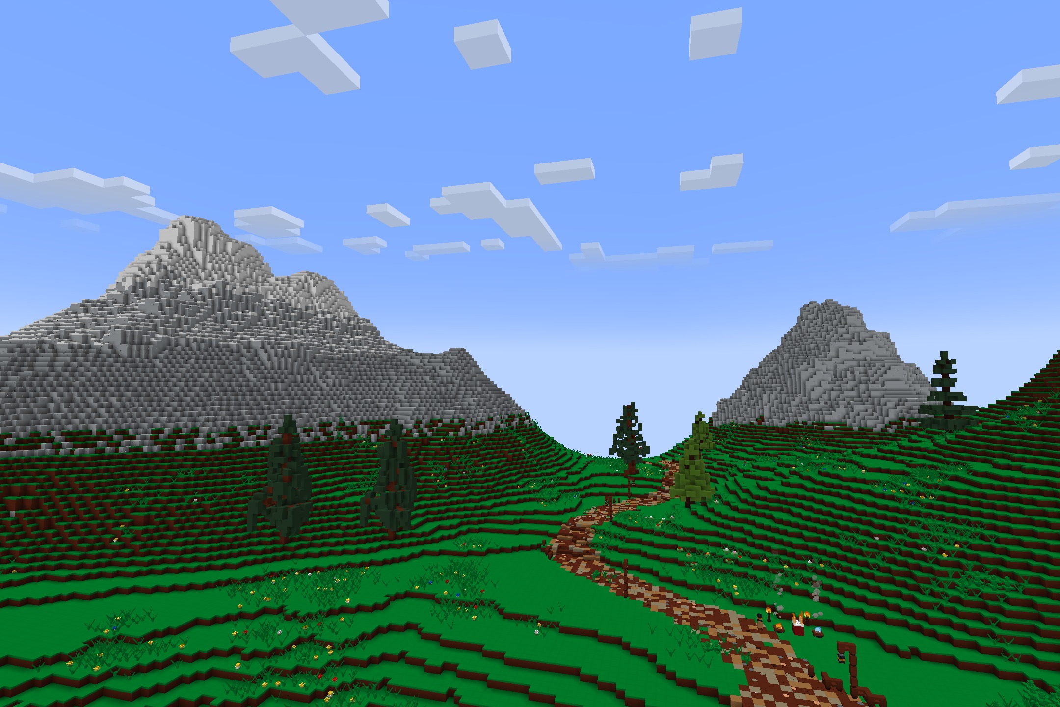 Plasticraft by Inferno31415 Resource Pack Screenshot 6 Lush green landscape with mountains and a path in plastic toy style