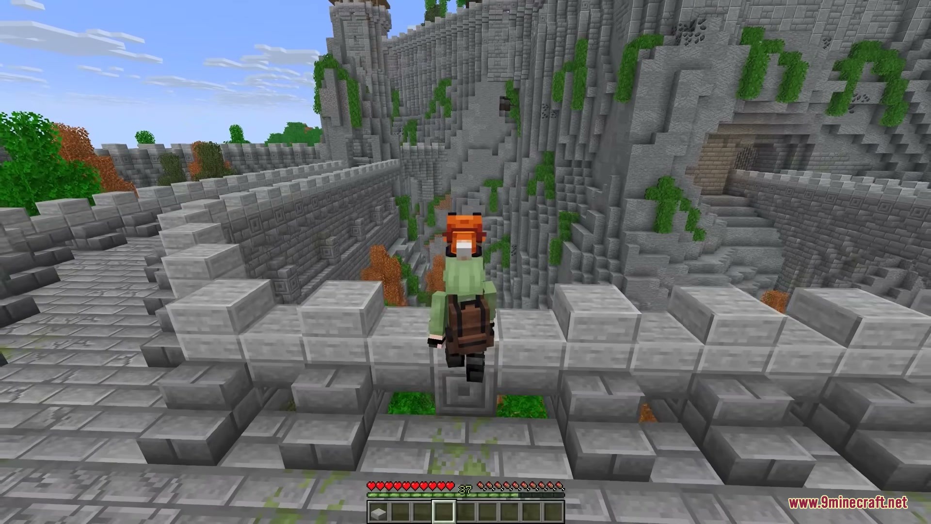 Player Charge Jump Mod Screenshot 3 Minecraft player with a fox on head standing on a stone castle battlement