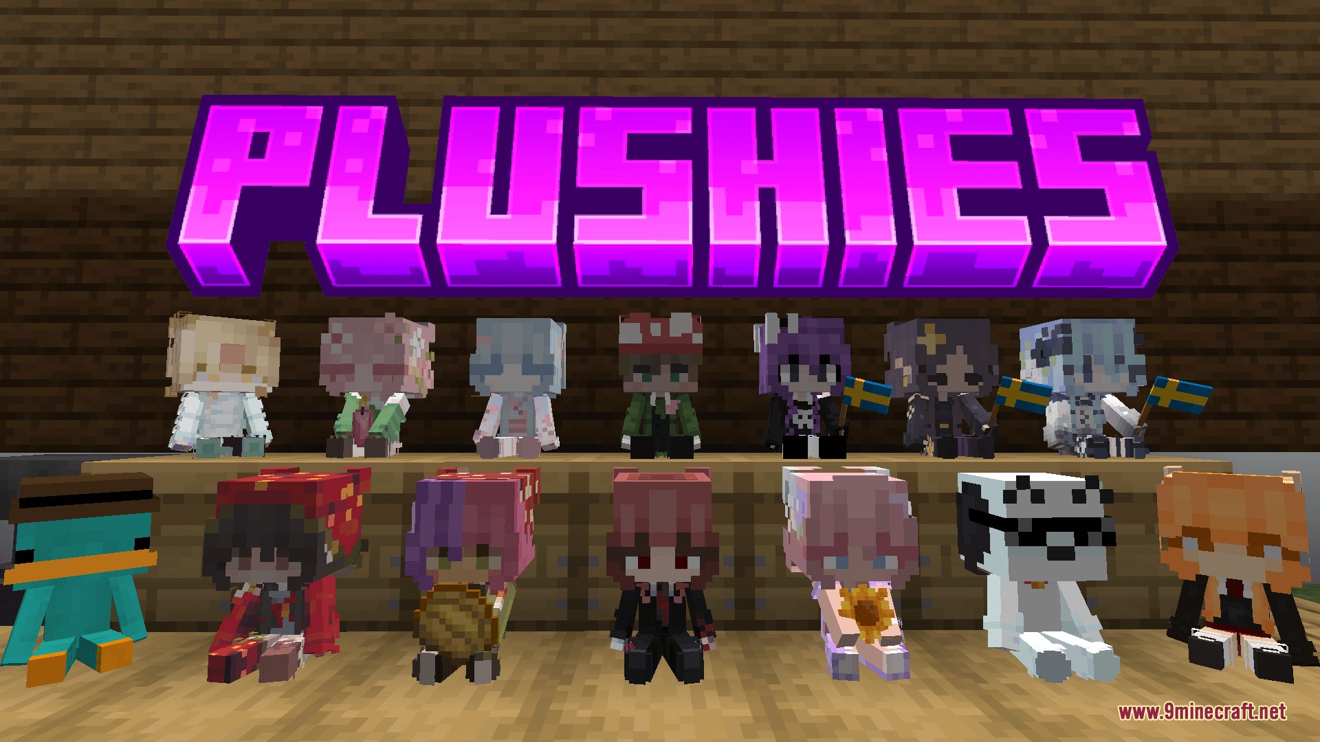 Player Plushies Resource Pack Screenshot 1 A collection of Player Plushies displayed on a wooden shelf under purple text