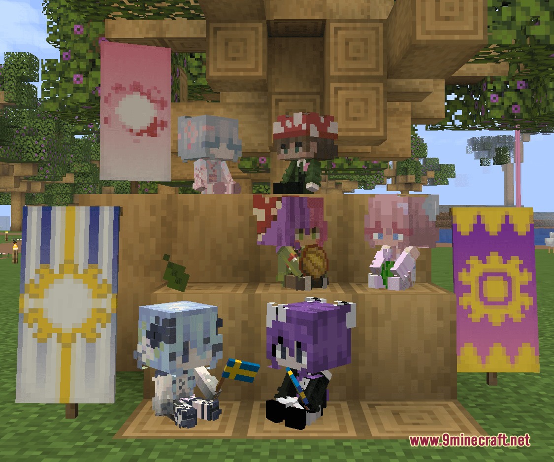Player Plushies Resource Pack Screenshot 3 Several small player plushies arranged on wooden blocks with decorative banners nearby