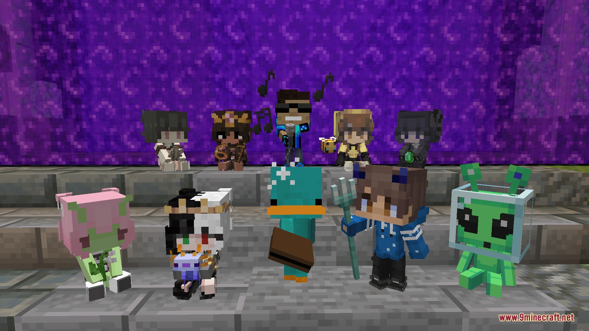 Player Plushies Resource Pack Screenshot 4 A variety of miniature character dolls standing in front of a Nether portal