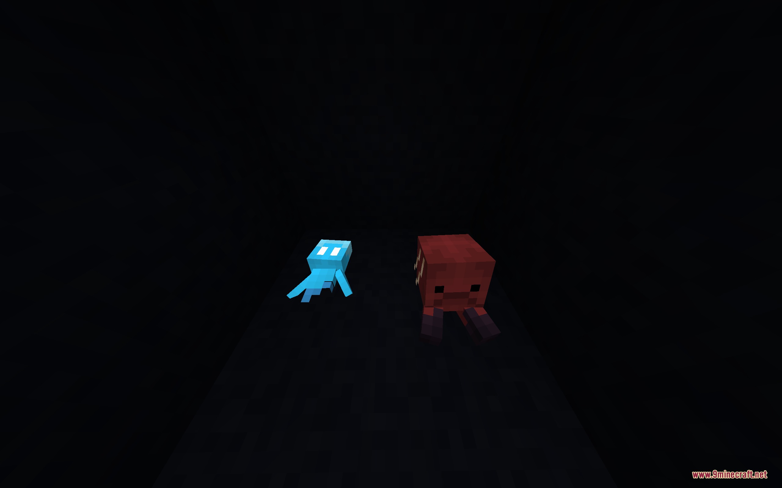 Plush Age Resource Pack Screenshot 5 Small Allay and Strider plushies sitting together in a dark Minecraft room
