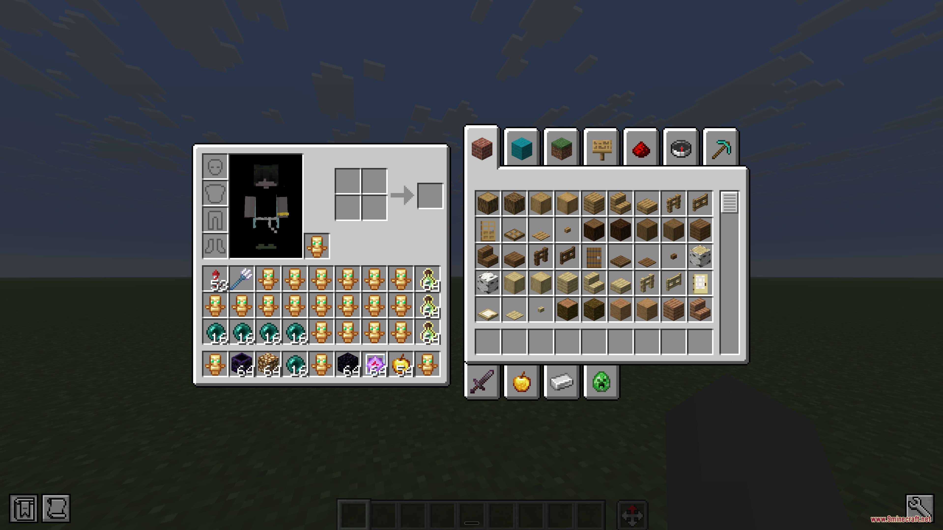 Player inventory filled with items next to a creative mode block menu