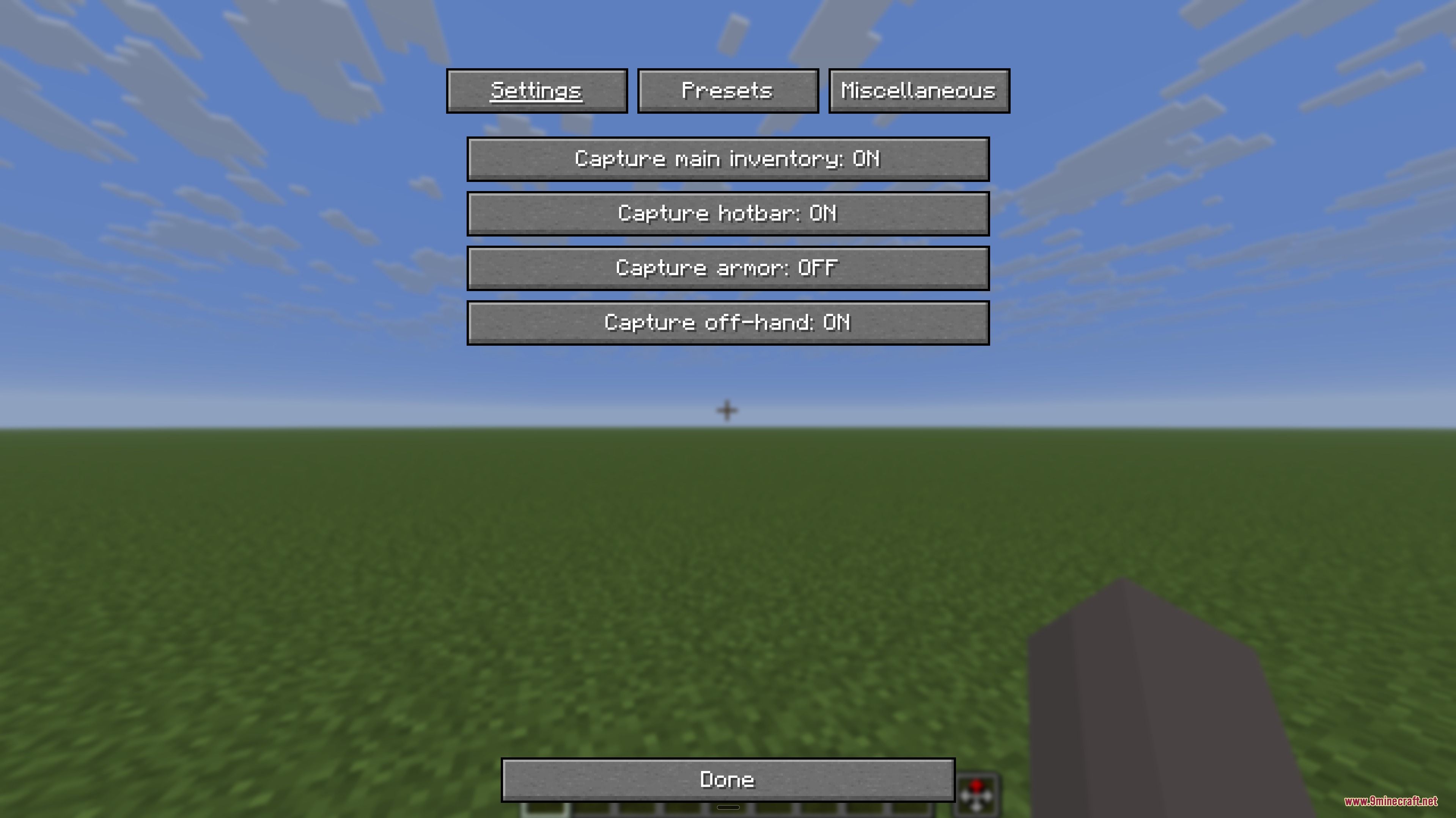 Pocket Pattern Recall mod settings menu with options for capturing inventory slots