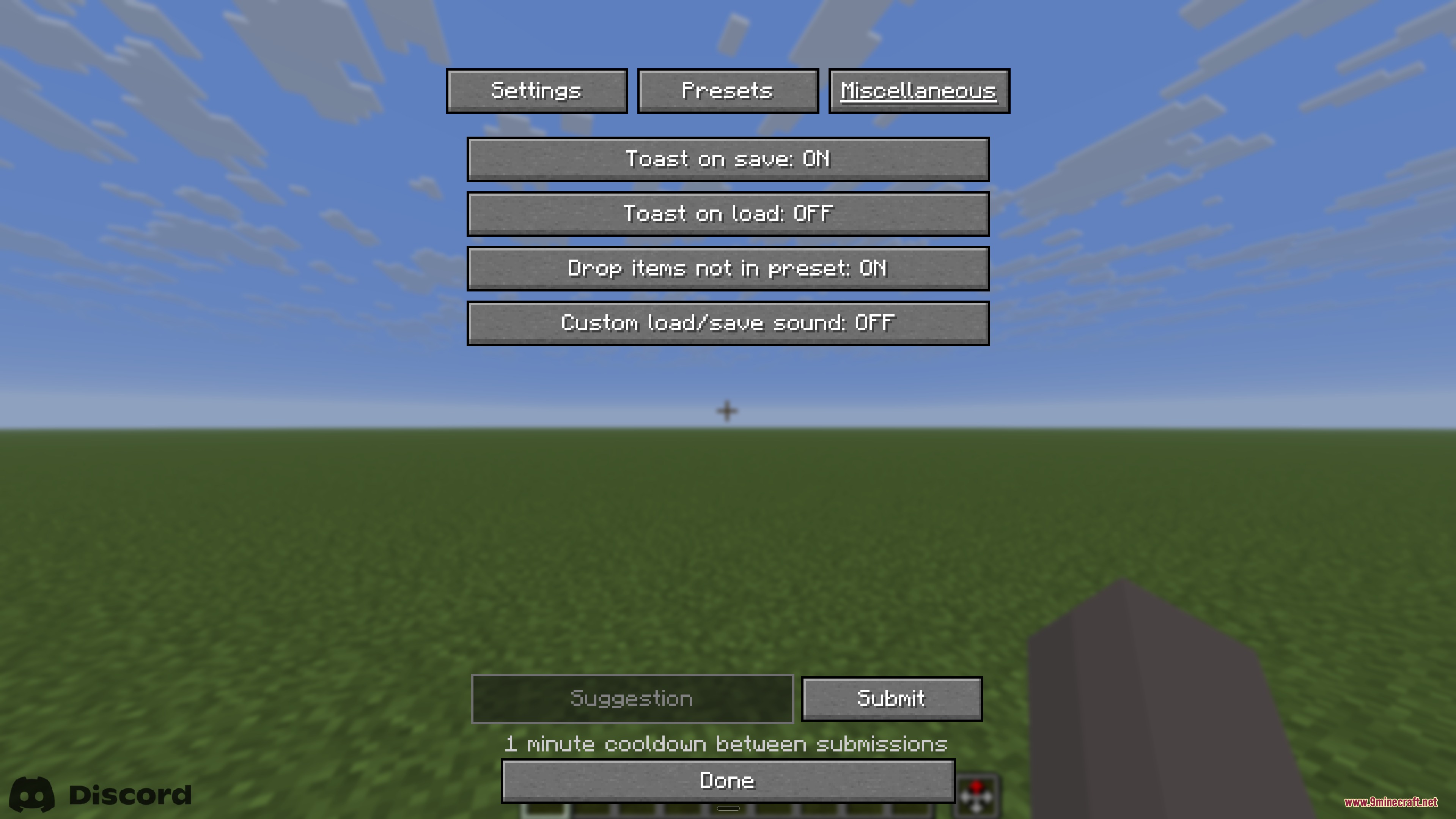Miscellaneous settings screen for the mod showing notification and item drop options