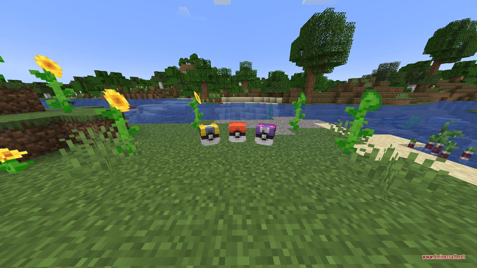 Three different Poke Ball capsules are placed on the grass near water