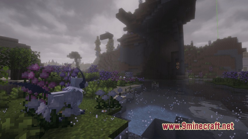 Pokemon Atmosphere Resource Pack Screenshot 1 A white Pokemon creature stands among purple flowers in a misty Minecraft landscape
