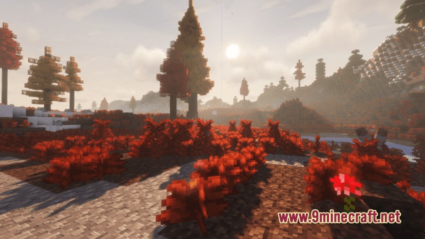 Pokemon Atmosphere Resource Pack Screenshot 2 Vibrant red bushes and autumn trees glow under a bright morning sun