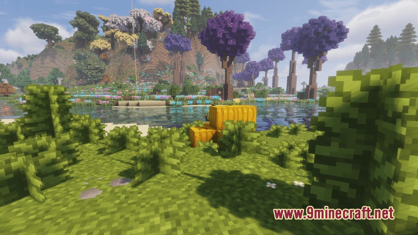 Pokemon Atmosphere Resource Pack Screenshot 3 Vibrant landscape with purple trees and a yellow electric mouse themed pumpkin