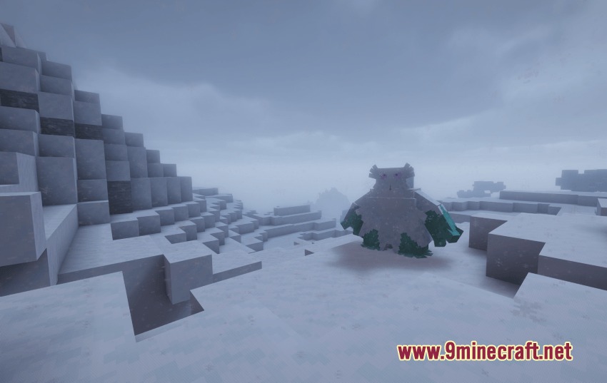 Pokemon Atmosphere Resource Pack Screenshot 4 A blocky ice monster standing on a snowy mountain under a foggy sky