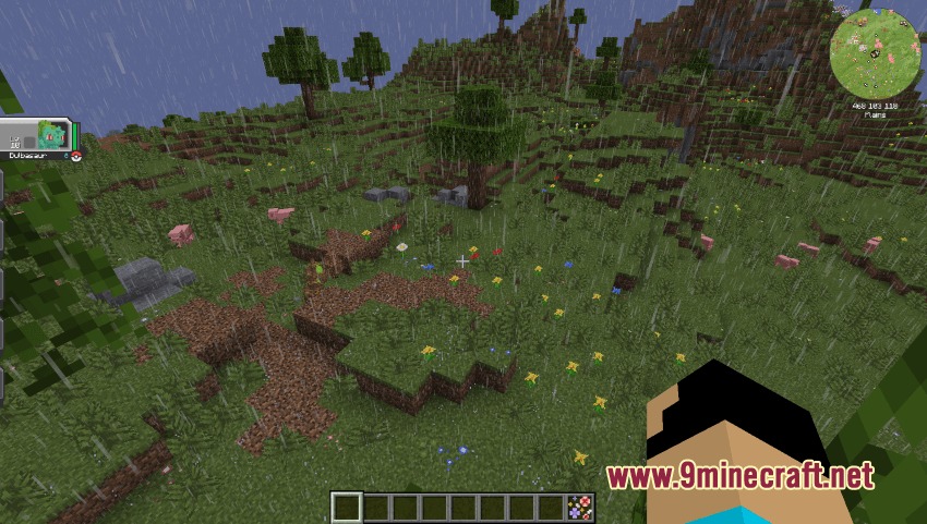 Pokemon Atmosphere Resource Pack Screenshot 7 Rain falling over a grassy field with dirt paths and Pokemon UI