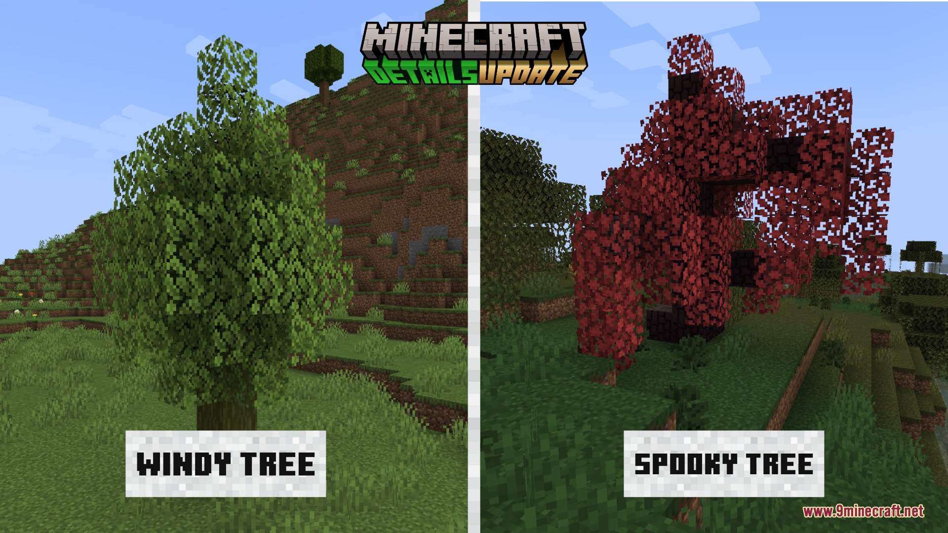 Polished Essence Mod Screenshot 2 Side by side comparison of the leaning Windy Tree and red Spooky Tree
