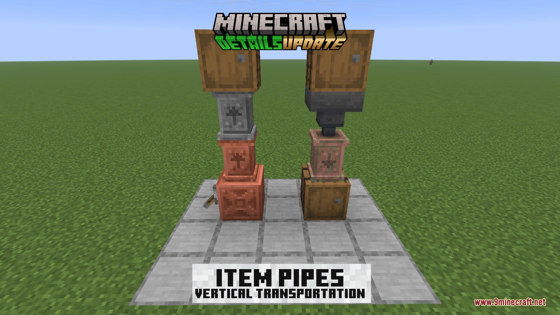 Polished Essence Mod Screenshot 6 Vertical item pipes connecting barrels and hoppers for automated item transportation