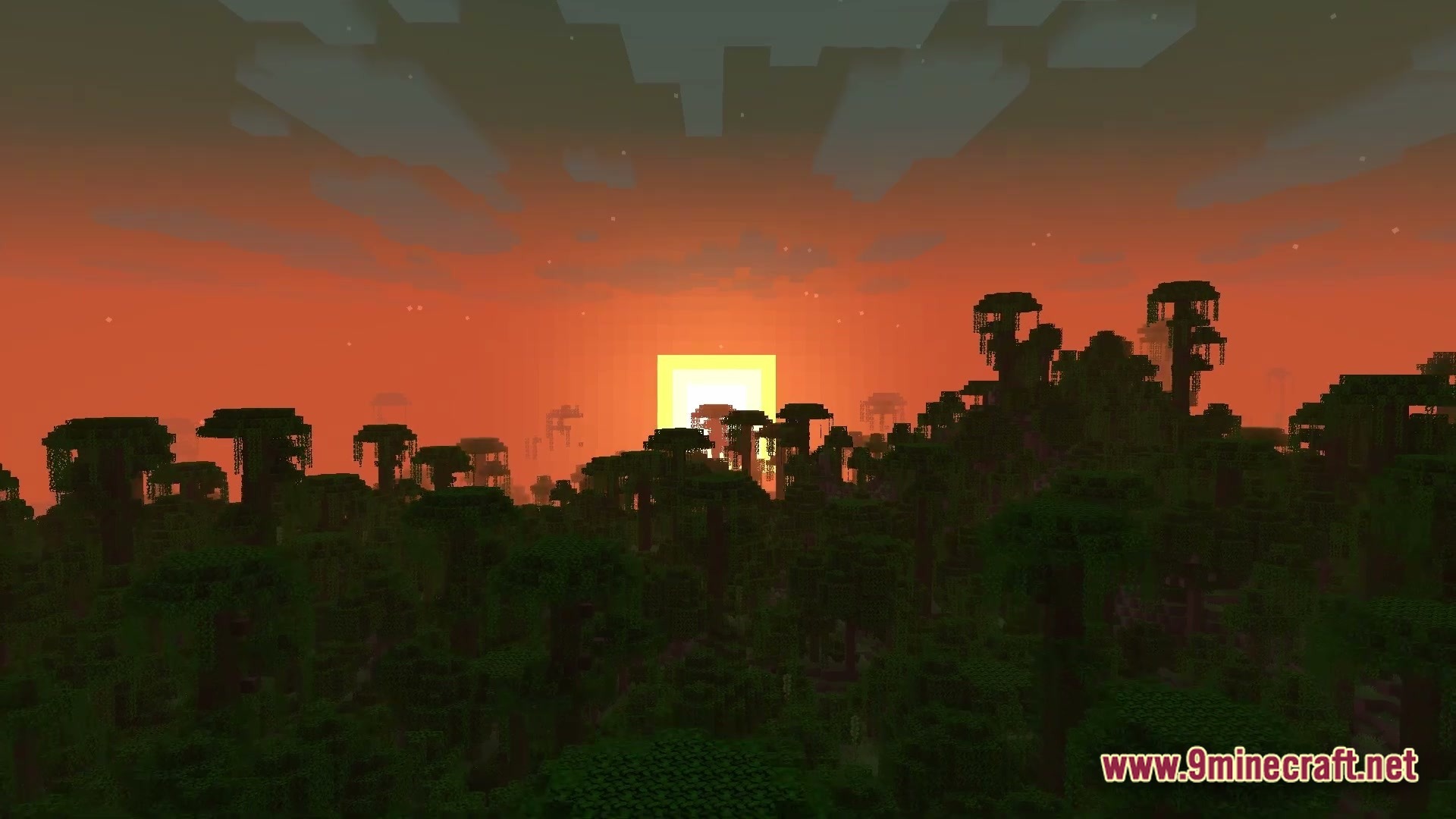 Polished Realm Essence Modpack Screenshot 1 A square sun sets behind a dense jungle biome under a vibrant orange and red sky