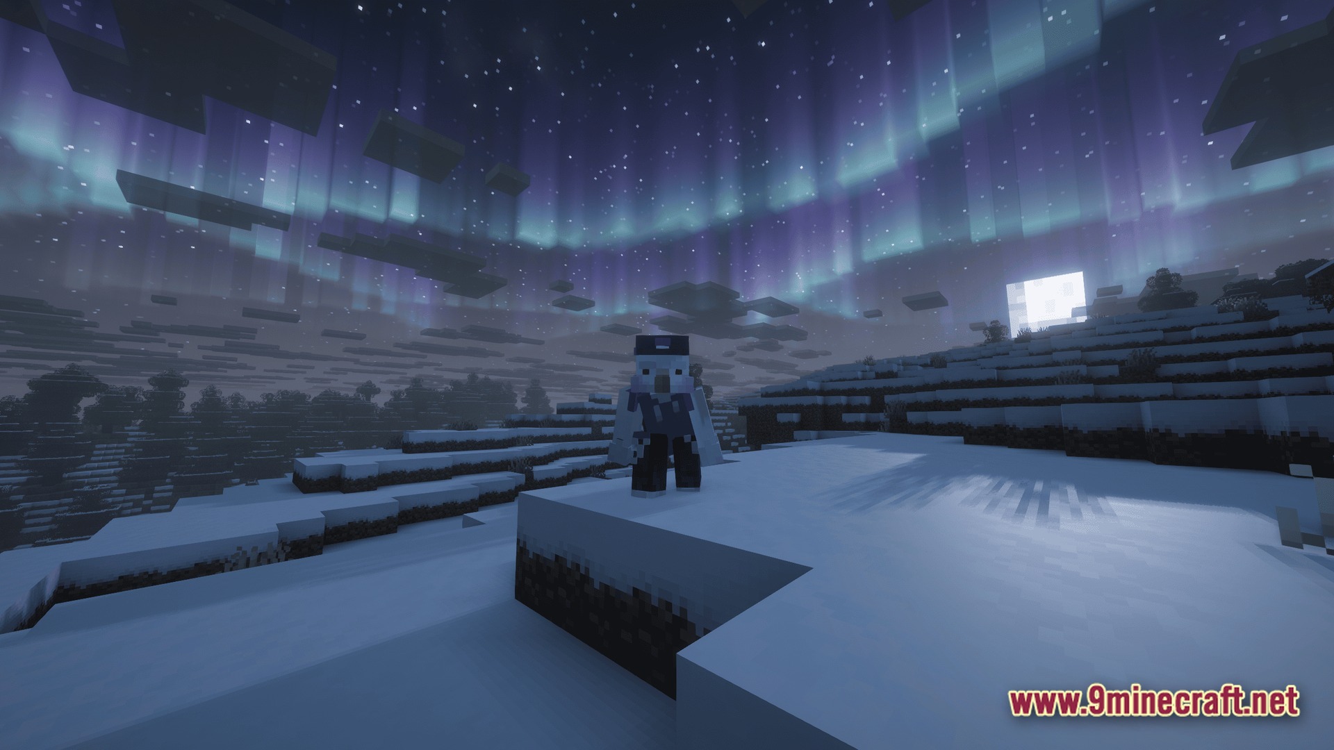 Polished Realm Essence Modpack Screenshot 10 A player character stands in a snowy biome under a night sky featuring an aurora borealis