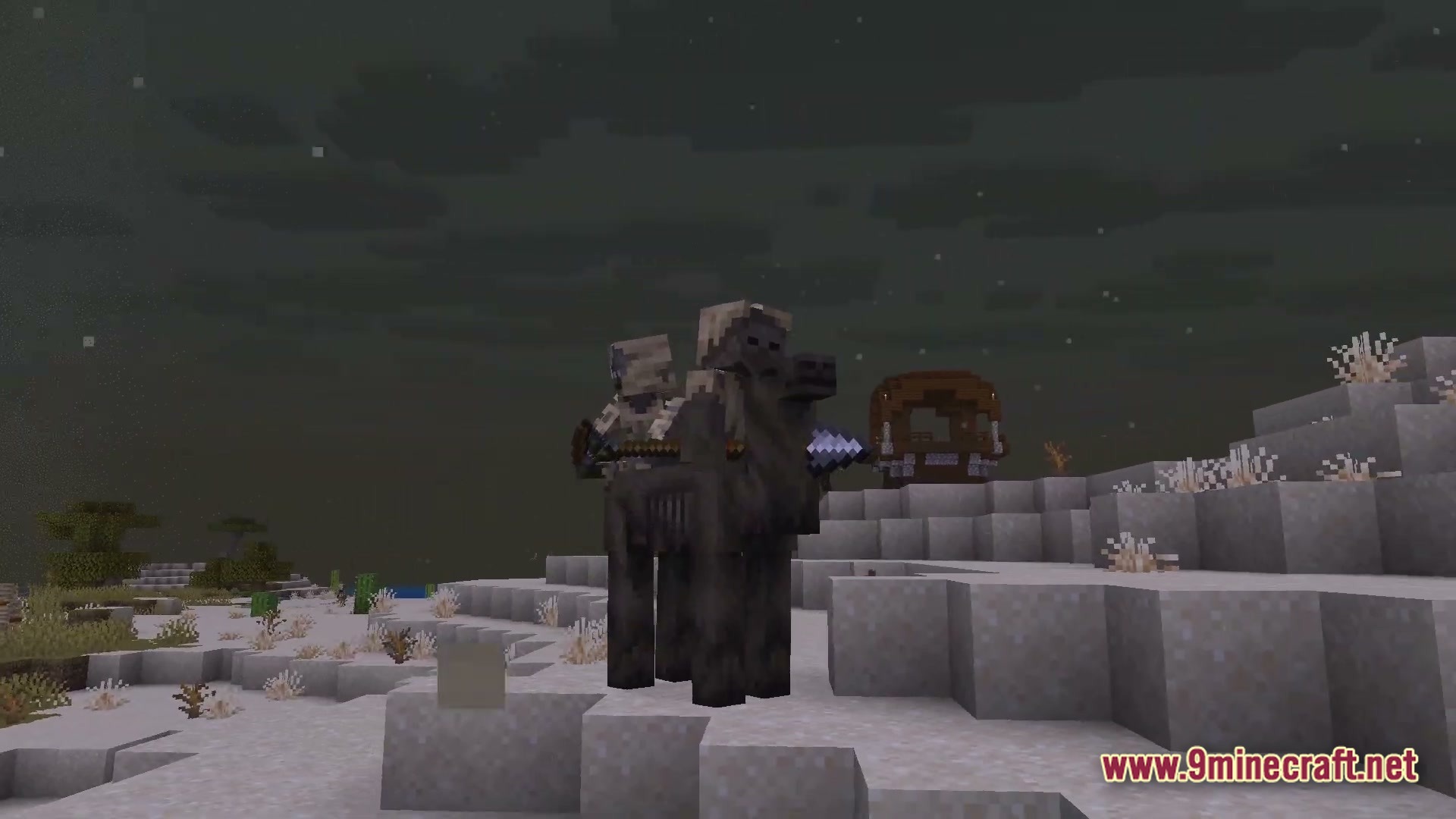 Polished Realm Essence Modpack Screenshot 2 A skeleton riding a dark camel through a snowy desert landscape at night with structures nearby